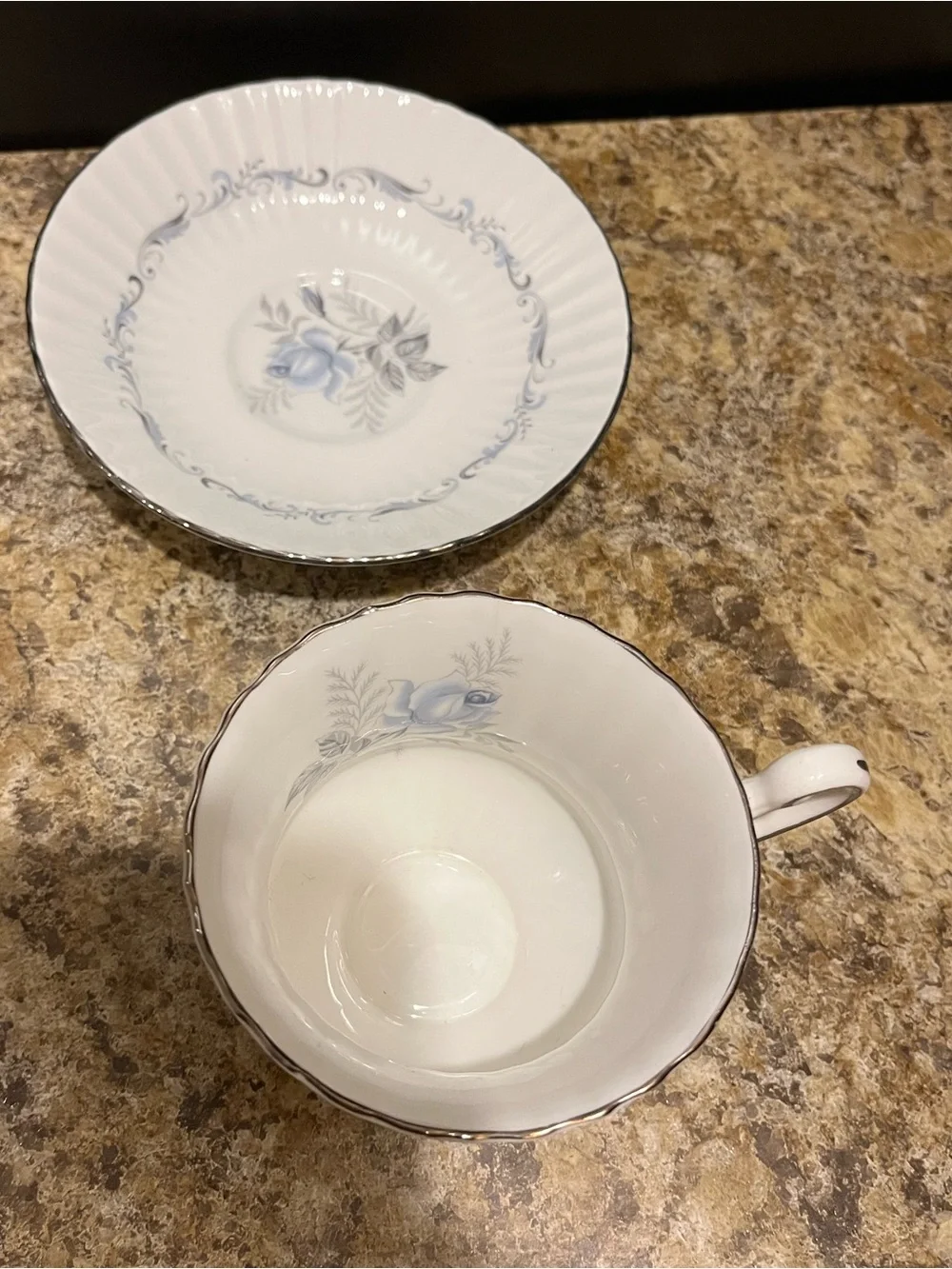 PARAGON Morning Rose Bone China Teacup and Saucer with Blue Rose and Silver Trim